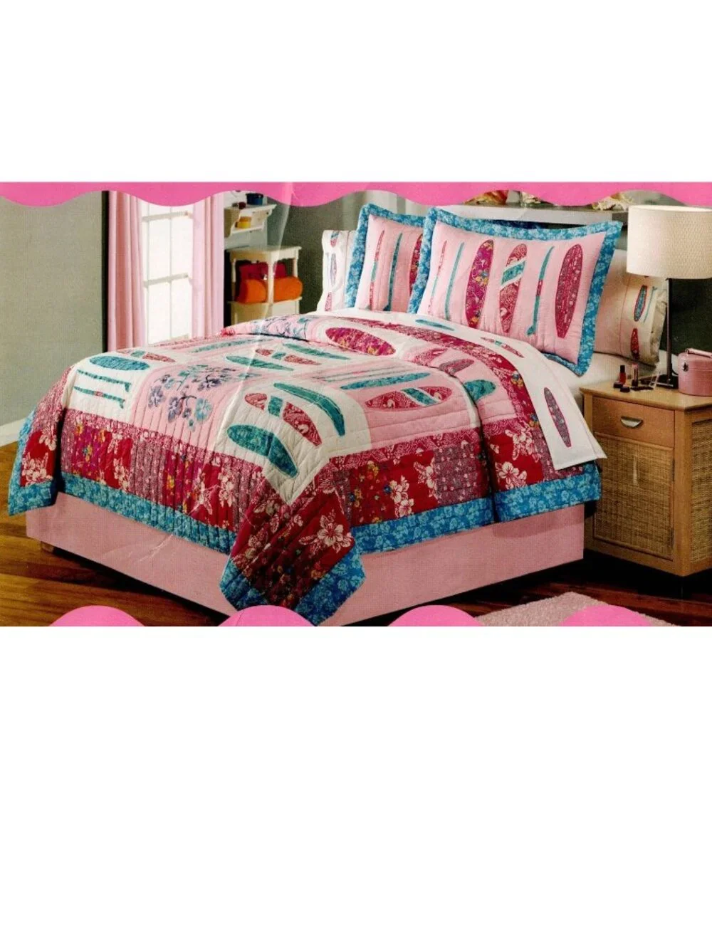 NEW~Full/Queen~100% COTTON embroidered Quilt+Sham Set~Surf girl Pink surfboards